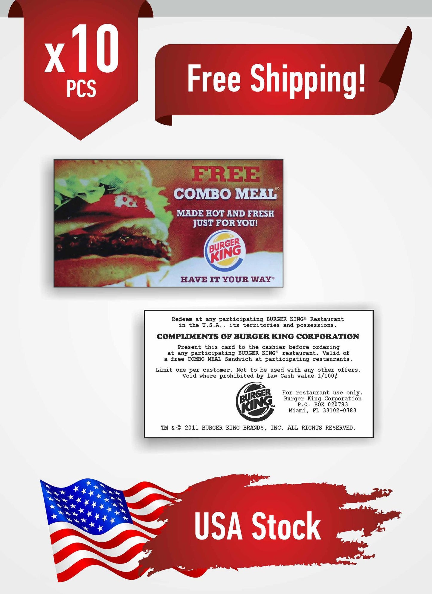 x10 Burger King Free Combo Meal Cards - No expiration date